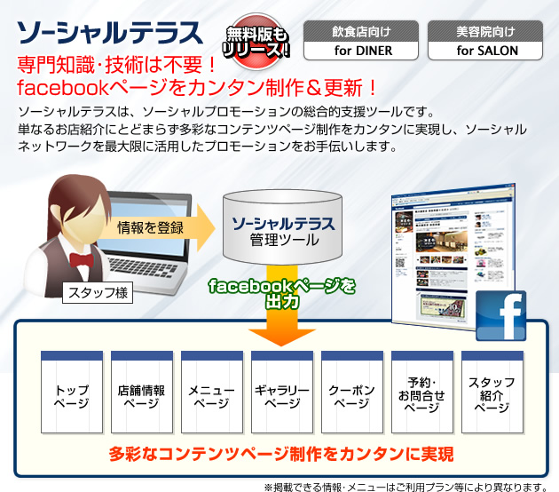 ソーシャルテラス 専門知識・技術は不要!facebookページをカンタン制作&更新!
